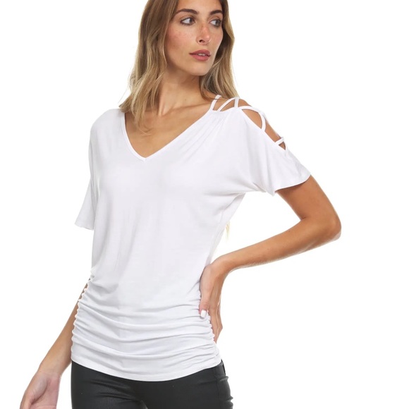 Cold Shoulder Asymmetrical Ruched Short Sleeve T-shirt multiple colors & sizes - Picture 1 of 11
